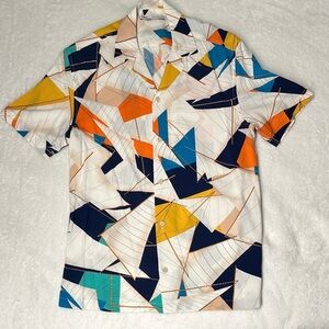 Zara Geometric Pattern Men's Shirt - Blue, Orange, Yellow